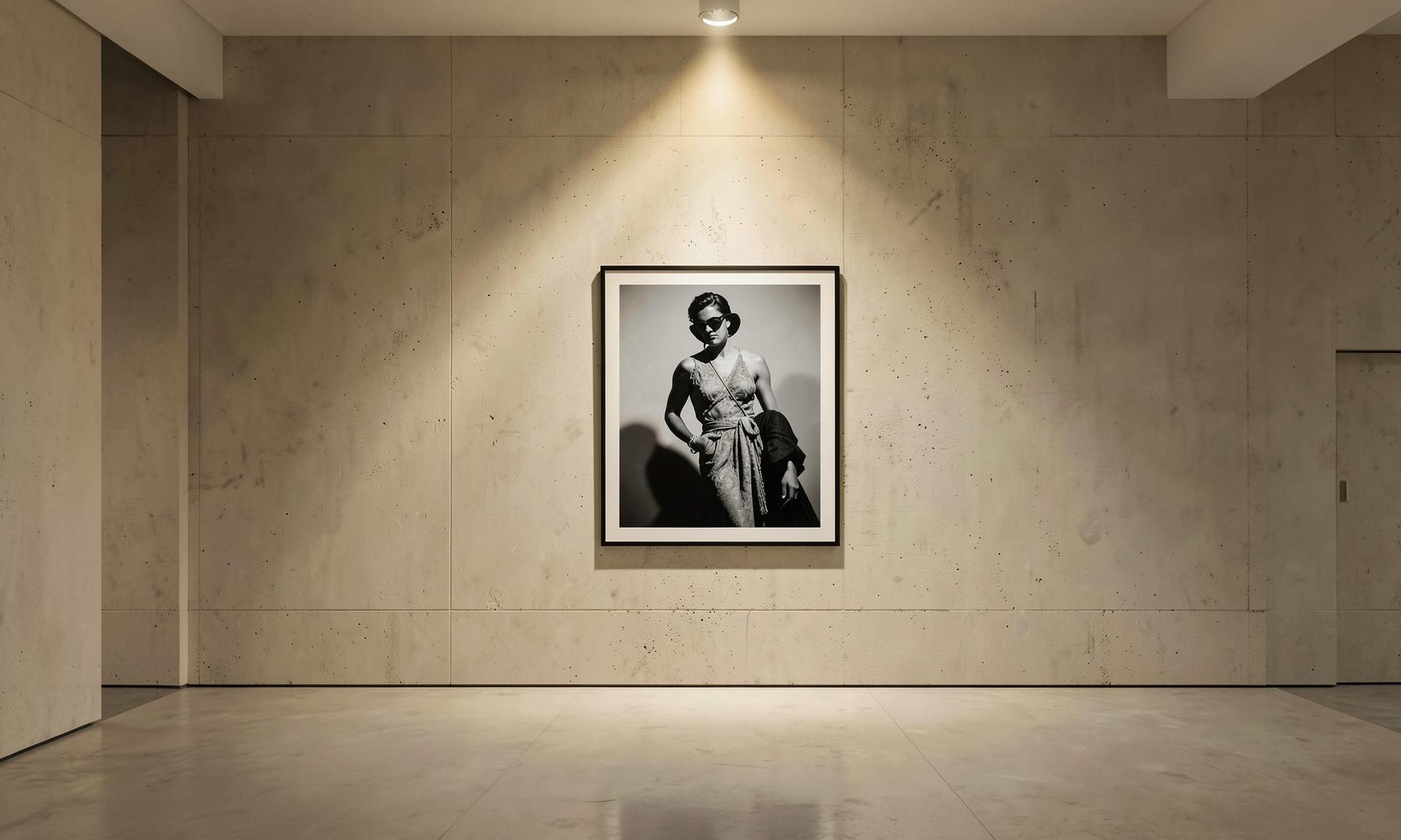 A concrete gallery wall with a single framed fashion photograph under a spotlight