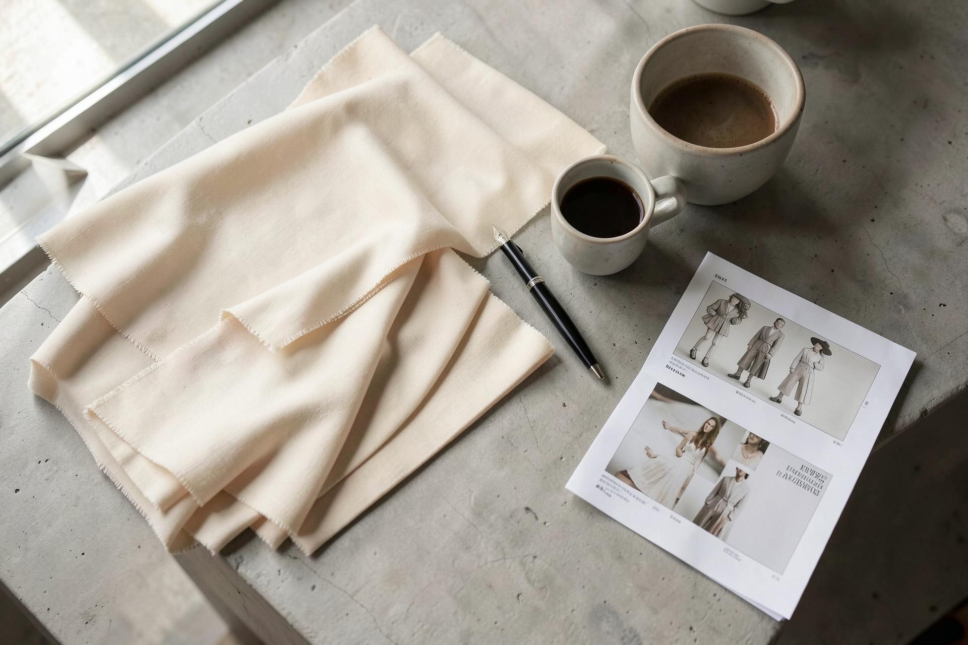 An atelier table with fabric swatches, printed contact sheets and coffee in morning light