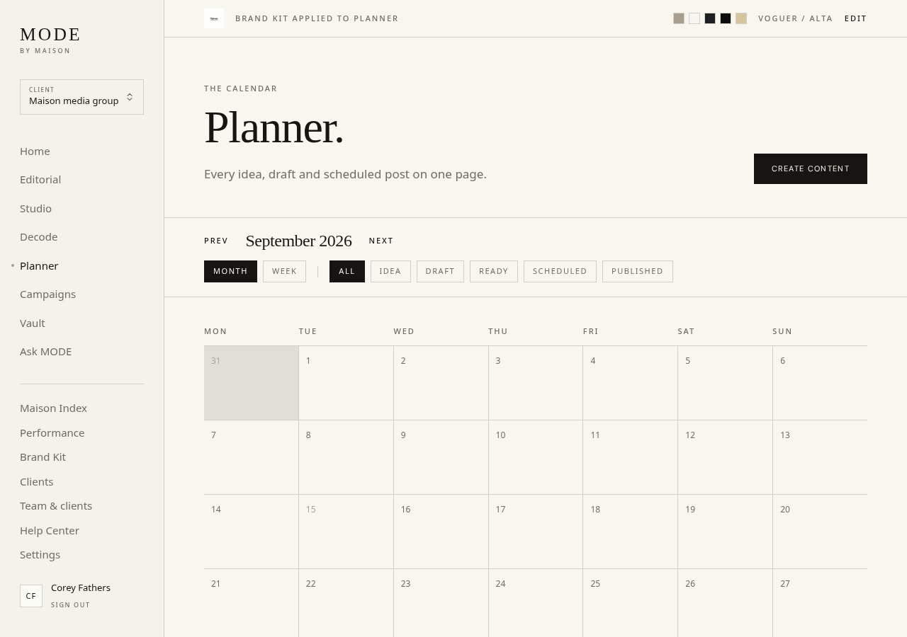 The MODE Planner showing a September content calendar