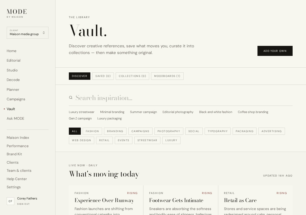 The Vault discovery feed with trend cards and category filters